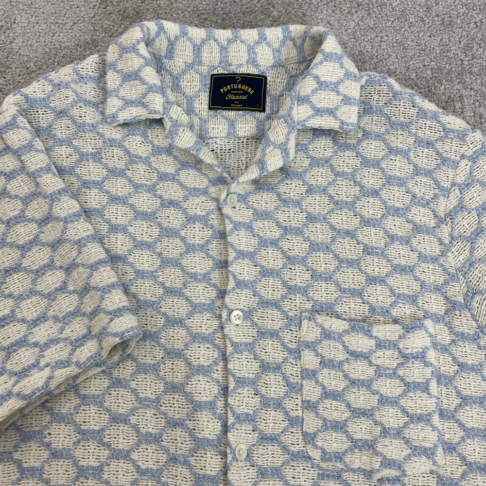 Portuguese Flannel Mens Large Camp Shirt Honeycomb Knit Blue Button-Down Coastal